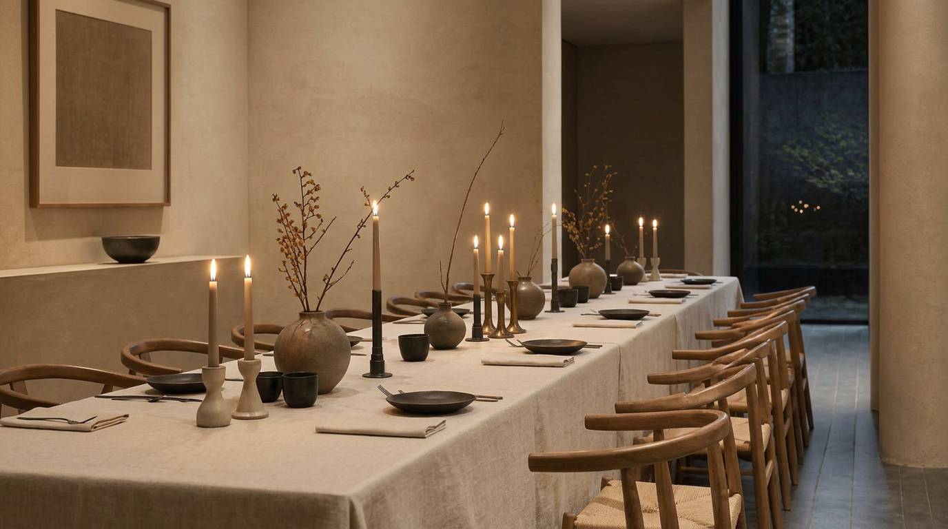 A light, neutral dinner table set with bundled tapered candles and soft candlelight